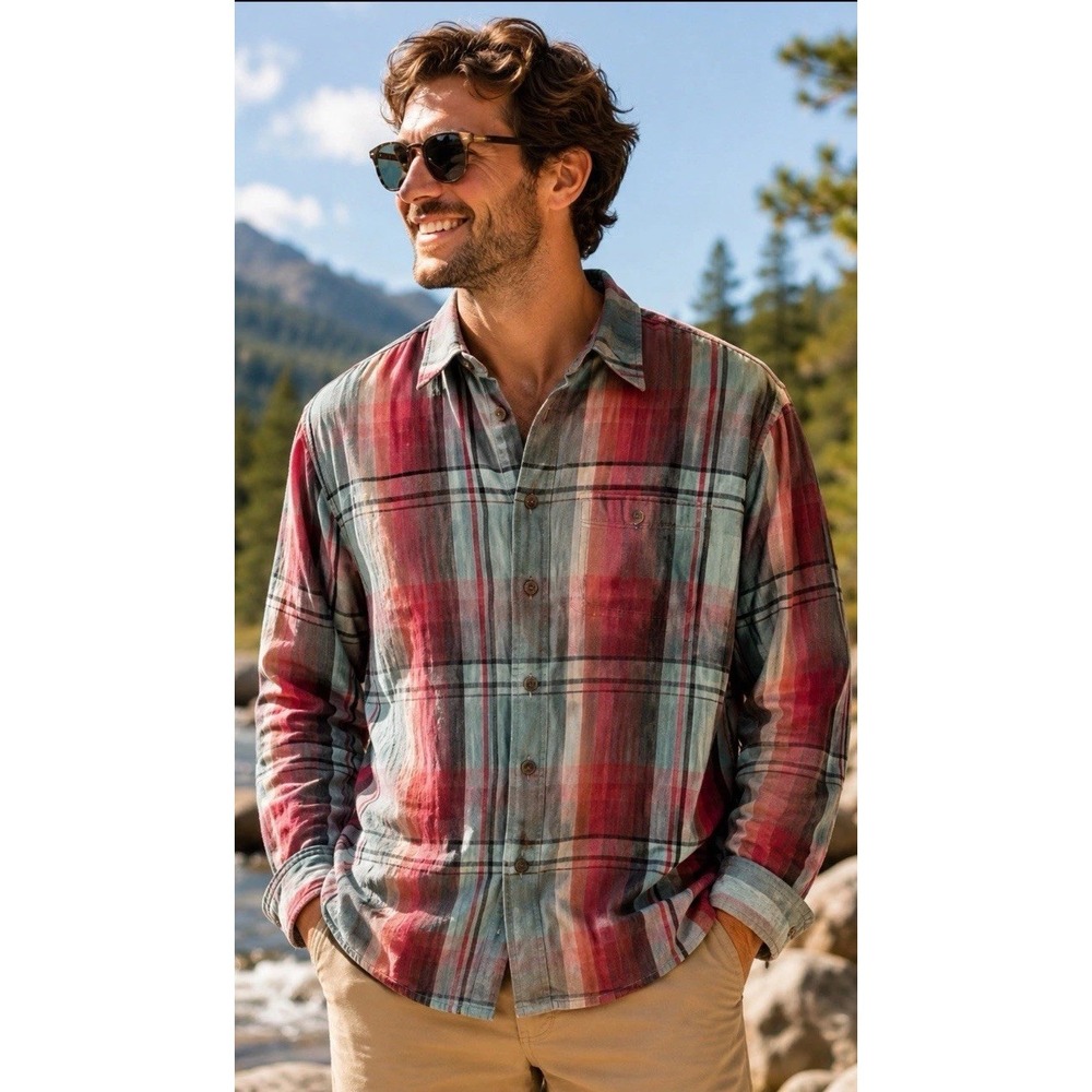 TOMMY BAHAMA XL Linen Shirt Mens Plaid Long  Sleeve Button Up Beach Heritage